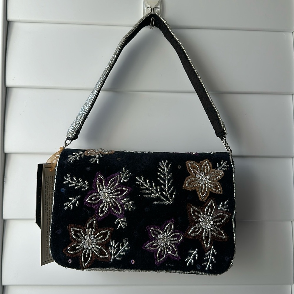 NWT Navy Blue and Silver Velvet Beaded Mini Bag Made in India